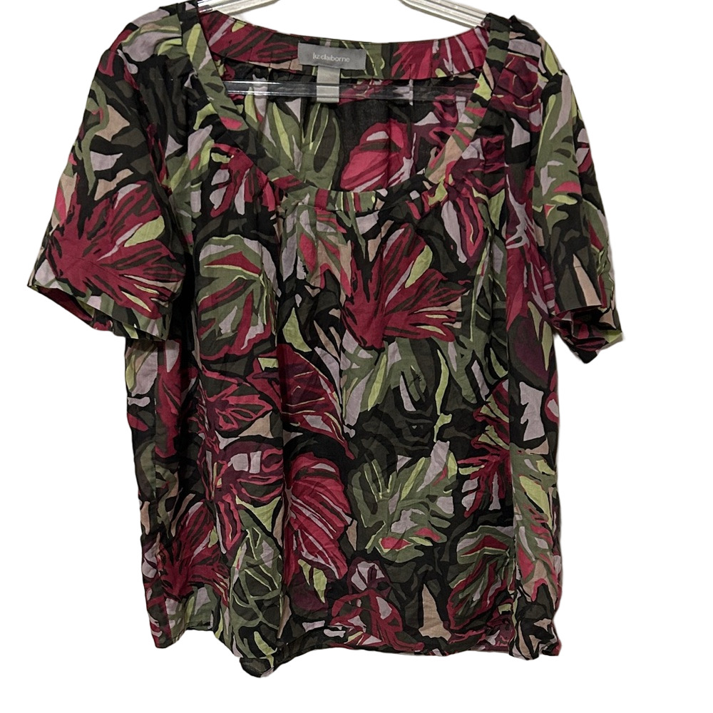 🎮 Liz Claiborne Multicolor pink &green Leaf Print Blouse size 1X CUC
